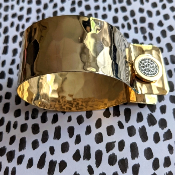 Gold Cuff Bracelet w/ Rhinestone Cufflink Clasp - Picture 2 of 5